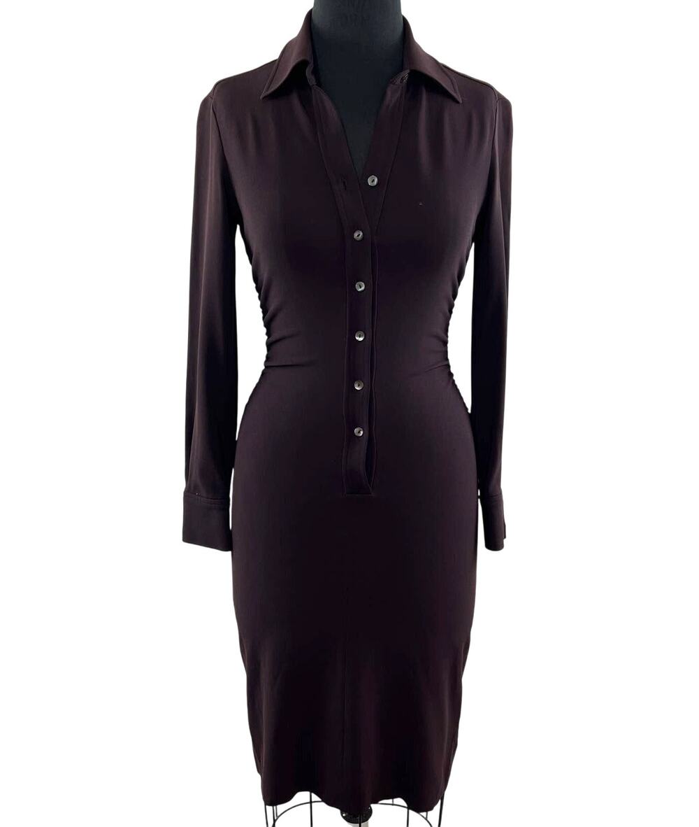 VINTAGE Tahari Brown Button Front Knee Length Dress Long Sleeve Collared 2 VTG